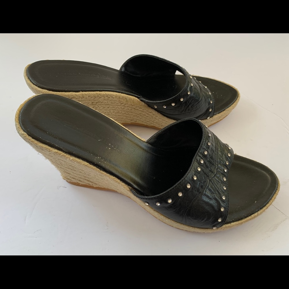 Black real leather espadrille wedges summer sandals with sparkling rhinestones 9